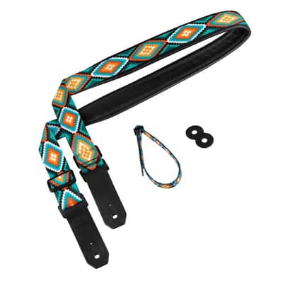 Strap for Guitar Ukrainian Nylon + Leather Ethnic Rhombus Blue Orange Colored image 3