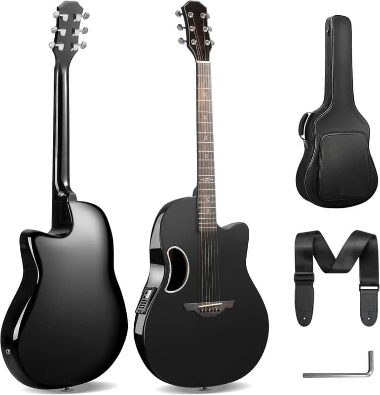 Acoustic Electric Guitar Kit - 41” Carbon Fiber Adult Beginner Set with Bag and Strap Built-In Pickup Rich Resonance & Warm Tone for Performance Ready, High-Gloss Black Finish image 1