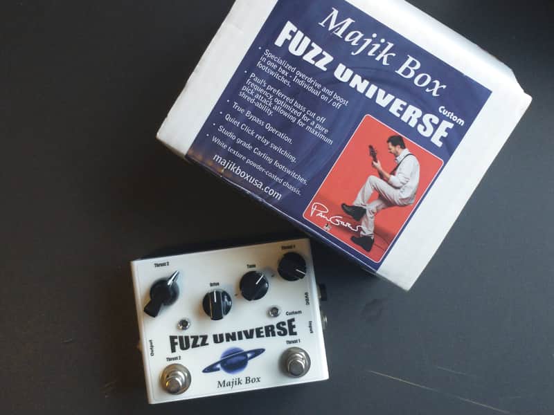 Majik Box Fuzz Universe Paul Gilbert White overdrive boost pedal