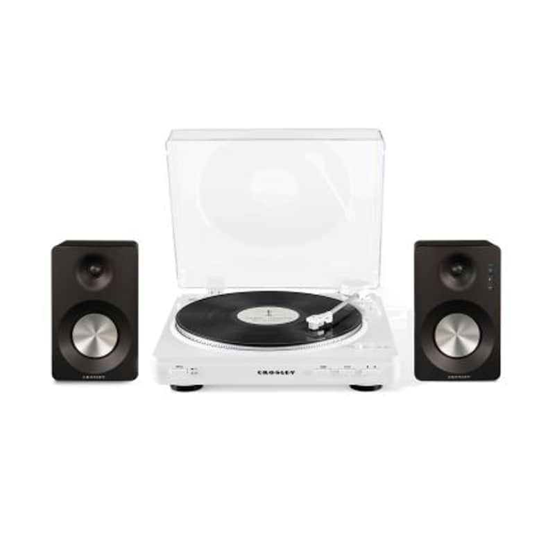 Crosley KT400A Fully Automatic Bluetooth 2-Speed Turntable with S100A Stereo Speakers, White-NEW