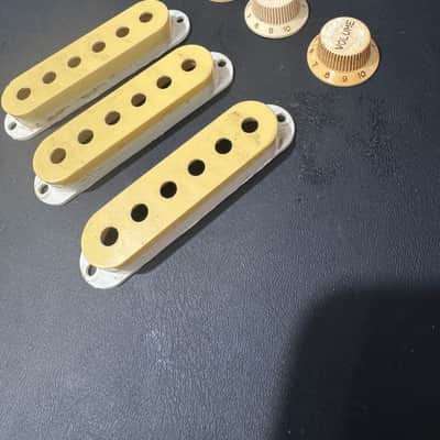 Vintage 1980's Fender Stratocaster Pickup Covers and knobs Fujigen Relic image 1