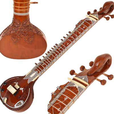 SITAR~RAVI SHANKAR STYLE~7 STRINGS~SWAN NECK~DESIGNER TUN WOOD~PICKUP TO CONNECT WITH AMPLIFIER~FLAT~WITH GIG BAG, MIZRABS & STRINGS image 1