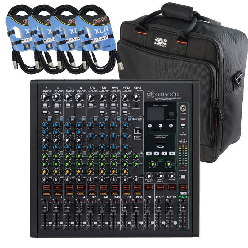 Mackie Onyx12 12-channel Analog Mixer, Gator MixerBag 1515, (4) XLR Cables Bundle image 1