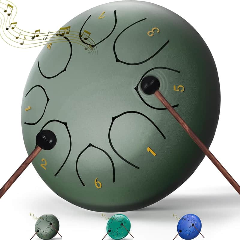 Rain Drum Outdoor Garden | 6 Inch 8 Note Steel Tongue Drum | Rain Chime Instrument | Meditation Drum | Green Drum with Bag image 1