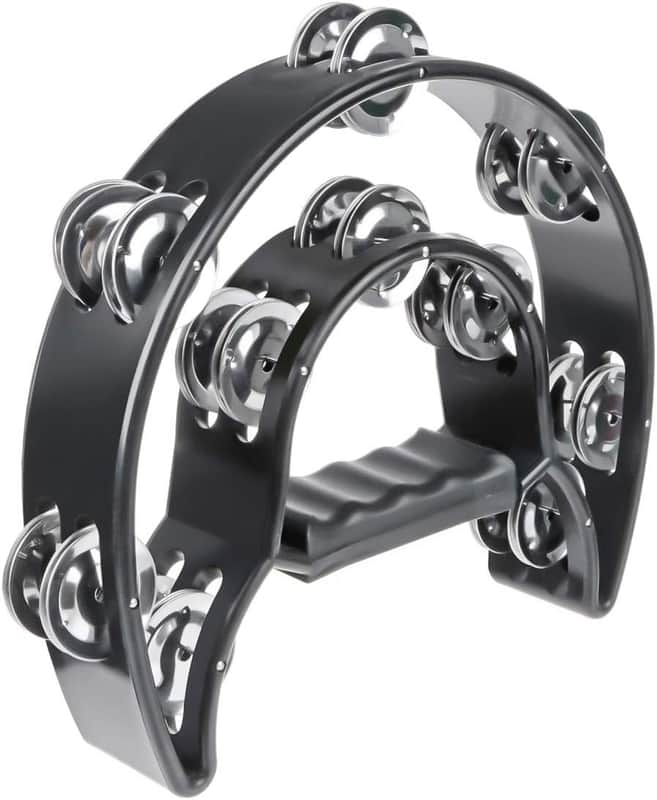Half Moon Tambourine – Double Row Metal Jingles, Handheld Percussion Instrument with Ergonomic Grip, Black image 1