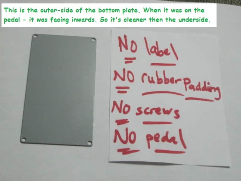 lite use Boss Bottom Plate for compact (regular) size) pedal (NO label, NO rubber padding, NO cut out for power jack, NO screws) metal, gray finish on both sides, from 2011, from Taiwan made Boss pedal - but can fit Japan made pedal (NO other items) image 1