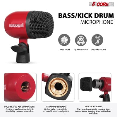 5 Core 9 Piece Drum Microphone Set w Kick Bass, Tom/Snare and Condenser Hi Hat & Cymbals Mics - Red image 2
