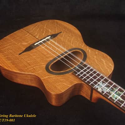 Handcrafted Gypsy Baritone Ukulele, ArchBack, 5 String, Solid Curly Ash, Mahogany & Walnut, Maple Leaf Inlay, Bruce Wei GUT19-001 image 4
