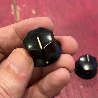 1965 Fender Mustang Vintage Electric Guitar Control Knobs – Original ’60s Matching Large Skirted Volume & Tone Black S-647 Plastic Knob Pair w/ Set Screws Jazz Bass Jaguar (1962-1972) image 2