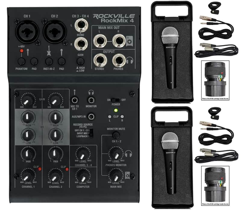 Rockville RockMix 4 Channel Pro Recording Mixer/Interface w/EQ+(2) Dynamic Mics image 1