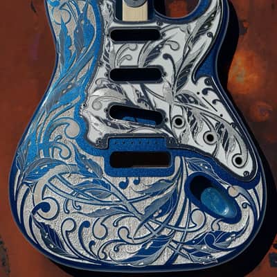 Custom Laser Engraved Blue Sparkle and White Fender Strat Guitar Body with White & Silver Mirror Pickguard & Tremolo Cover HSH, HSS, SSS Setup Available image 3