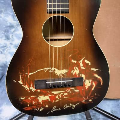 Vintage 1950 Melody Ranch Gene Autry Cowboy Stenciled Parlor Guitar Pro Setup Original Rear Load Soft Shell Case image 3