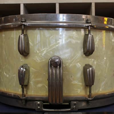 1940s Slingerland 7x14 Radio King Snare Drum in White Marine Pearl image 2
