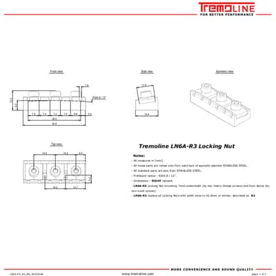 Tremoline FT36T-R3-BS Stainless Steel double locking tremolo + R3 (42.8mm) Locking Nut, Black image 16