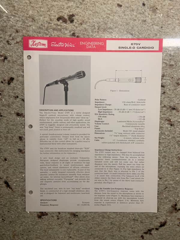 Vintage 1970s Kustom Electro Voice 670V Single D Cardioid Microphone Spec Sheet! image 1