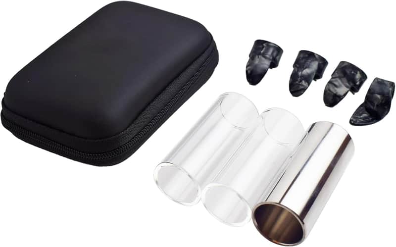 Guitar Slide, 2 Glass Slides & 1 Steel Guitar Slide for Electric and Acoustic, With 3 Finger Picks, 1 Thumb Pick & Portable Box for Guitar and Bass, Medium (6 cm) image 1