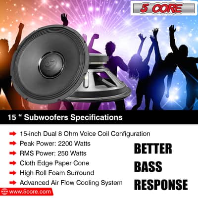 5 Core 15 inch Subwoofer with PA DJ Speaker 250W RMS, 2500W PMPO, 2.5" Voice Coil Bild 16