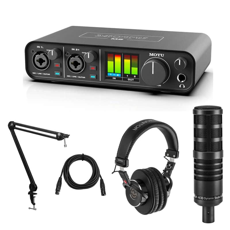 MOTU M2 Desktop 2x2 USB-C Audio Interface Bundle with H&A AC50 Cardioid Dynamic Microphone, Professional Monitor Headphones, Broadcast Arm, XLR M to XLR F Mic Cable 15-Foot image 1