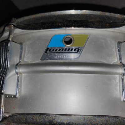 Ludwig No. 404 Acrolite 5x14" 8-Lug Aluminum Snare Drum with Pointed Blue/Olive Badge 1969 - 1979 - Matte Aluminum image 2