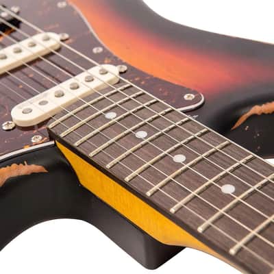 Vintage V6H ICON S-Style Electric Guitar - Distressed Tobacco Sunburst (V6HMRSB) image 6