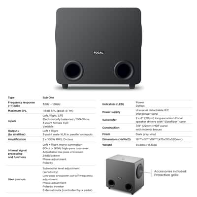Focal Sub One – Dual 8" Active Studio Subwoofer, 200W RMS, Slatefiber Drivers, 32Hz–120Hz, Professional Bass Management for Mixing & Mastering image 3