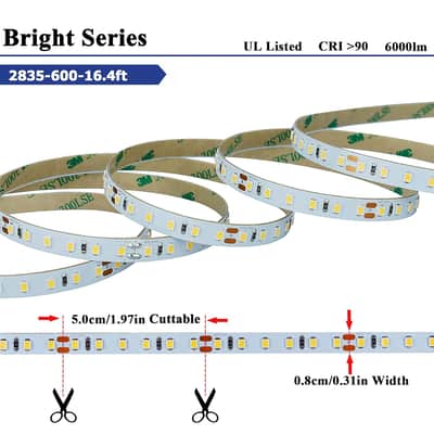 24V Led Strip Lights Daylight White 6000K 366Lm/Ft Bright, Ul Listed Premium 16.4Ft Cri 90+ 600Leds Smd 2835 6000Lm Indoor Tape Light For Bedroom, Under Cabinet, Shelf, Stair image 2