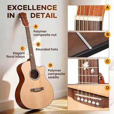 Acoustic Guitar Beginner Set - 41" Full Size Spruce Top Mahogany Body with Neck Rosewood Fingerboard, Cutaway Design, Balanced Rich Tone with Gig Bag, Strap, Capo, Strings & Picks image 3