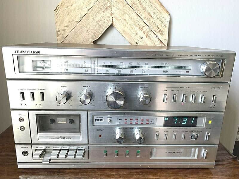 Soundesign 5959 - Vintage 1980s Brushed Aluminum All In One Tuner Cassette 8-Track Stereo Console image 1