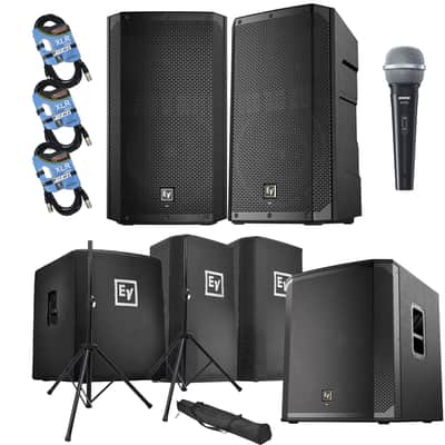 (2) Electro-Voice ELX200-12P, (1) EV ELX200-18SP, (2) ELX200-12P Covers, (1) ELX200-18SP Cover, (2) Speaker Stands, SV100 Mic, (3) XLR Cables Bundle image 1