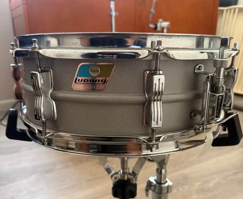 Ludwig L-404 Acrolite 5x14" 8-Lug Aluminum Snare Drum with Rounded Blue/Olive Badge 1979 - 1993 - Gray image 1