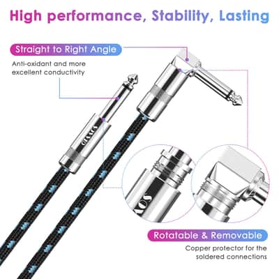 10FT 2 Pack Instrument Cable - Electric & Bass Guitar, Keyboard, AMP Cord - 1/4 Inch Right Angle Black & Blue image 4