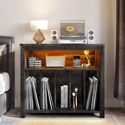 Vintage Record Player Stand w/ LED Lights & Charging Station – Holds 250 Vinyl Albums | Turntable Storage CabinetVintage Record Player Stand w/ LED Lights & Charging Station – Holds 250 Vinyl Albums | Turntable Storage Cabinet image 1