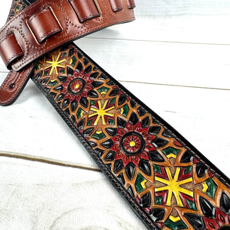 Walker And Williams WW-LIH-2 Hand Carved Premium Black And Brown Leather Strap With Gold Earth Zodiac Star Design image 1
