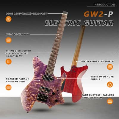 Eart GW2 Headless Electric Guitar, Right Handed, Roasted Padauk+Poplar Burl Body, 24 Stainless Steel Frets image 3