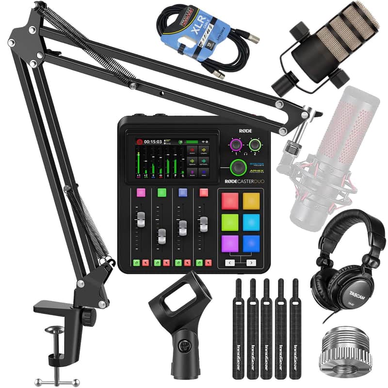 Rode RodeCaster Duo Streaming Mixer, Rode PodMic, Mic BoomArm, Tascam TH02, XLR Cable Bundle image 1