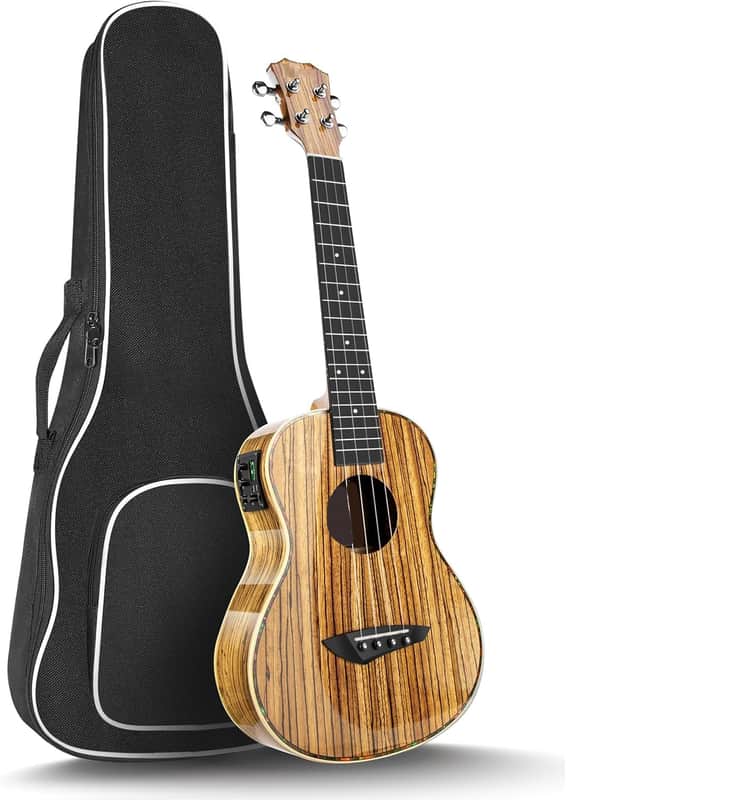 26inch Zebrawood High Gloss Tenor Electric Ukulele Professional Ukelele Kit Beginner Guitar Starter Bundle Strings, Padded Gig Bag, Strap image 1
