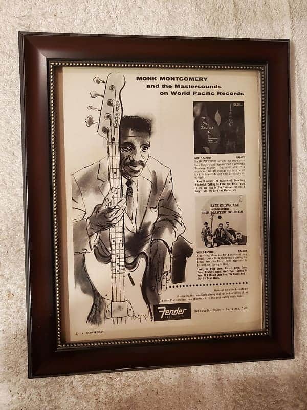 1958 Fender Fender Guitars Promotional Ad Framed Fender precision Bass Monk Montgomery Original image 1