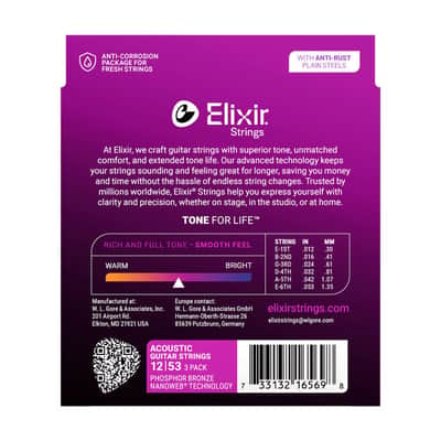 Elixir Phosphor Bronze Acoustic Guitar Strings w/ NANOWEB Technology - Light 012-053 - 3 Pack image 2