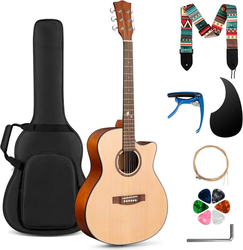 Acoustic Guitar Beginner Set - 41" Full Size Spruce Top Mahogany Body with Neck Rosewood Fingerboard, Cutaway Design, Balanced Rich Tone with Gig Bag, Strap, Capo, Strings & Picks image 1