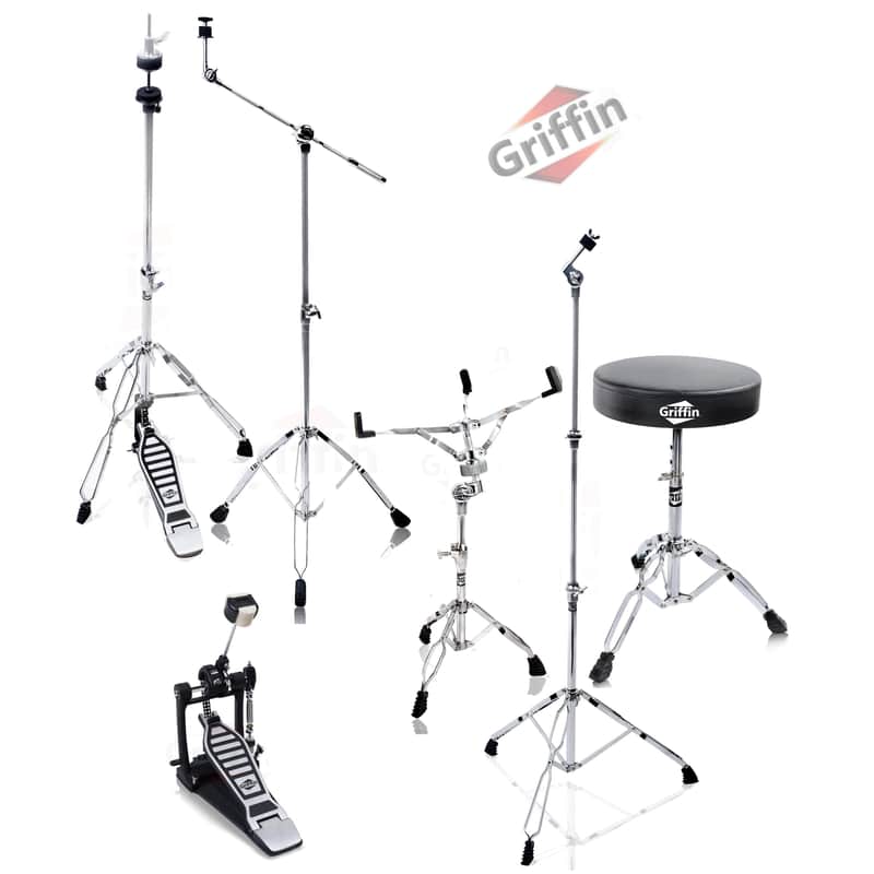 Griffin Drum Hardware Pack 6 Piece Complete Set Kit with Snare Stand, Hi-Hat Stand, Cymbal Boom Stand, Throne Stool & Single Kick Drum Pedal -  Portable & Perfect for Gigs image 1