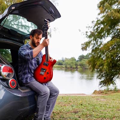 Journey Instruments OE990CB Solid Poplar Flamed Maple Top Overhead 6-String Electric Travel Guitar w/Gig Bag image 16