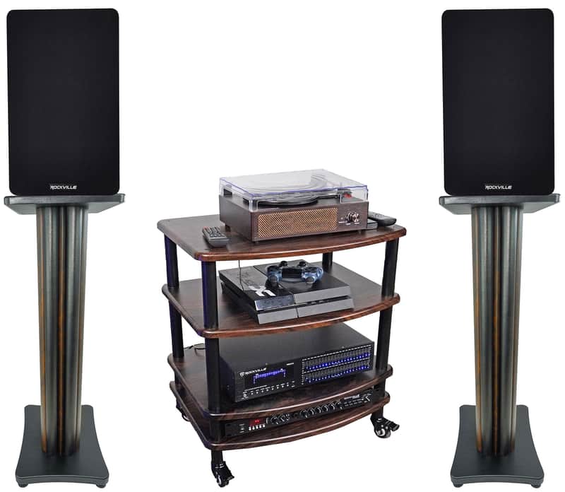 Pair Rockville RockShelf 68D Dark Wood 6.5" Bookshelf Speakers+28" Stands+Rack image 1