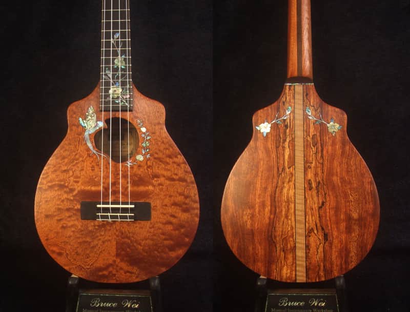 Handmade Tenor Ukulele, Solid Curly Mahogany, Spalted Rosewood, Bird & Floral inlay, Soft-bag, Bruce Wei UN17-2019 image 1