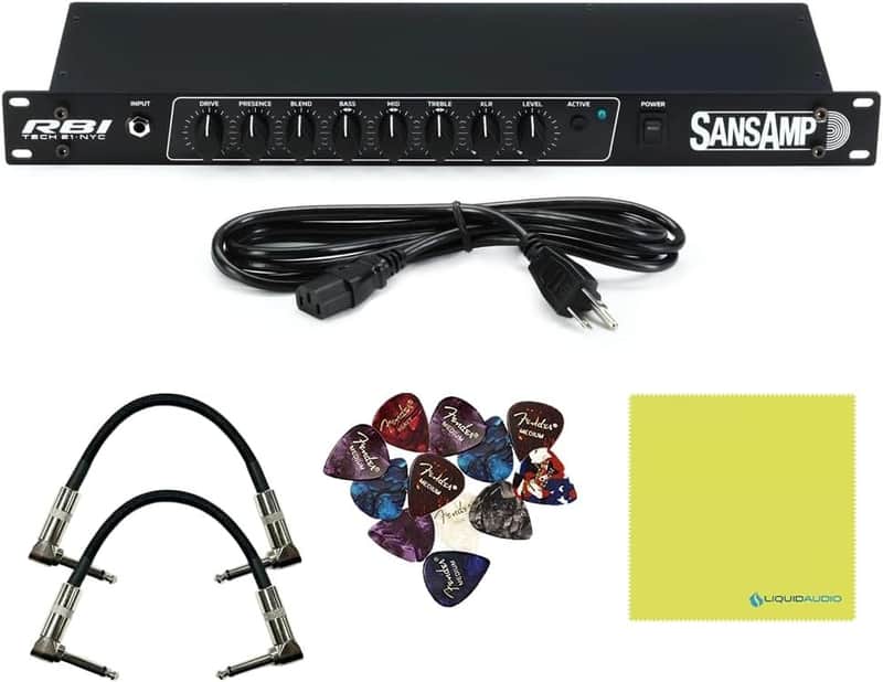 Tech 21 RBI SansAmp RBI 1U Rackmount Bass Preamp Bundle w/ 2X Strukture S6P48 Woven Right Angle Patch Cables, 12x Fender Picks and Liquid Audio Polishing Cloth image 1