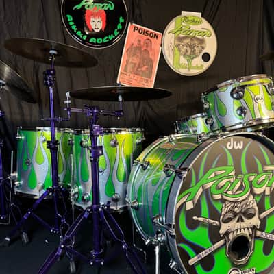Rikki Rockett's Poison 2022 Stadium Tour DW 6-Piece Drum Set, Green/Silver Sparkle Flame. SIGNED! image 1