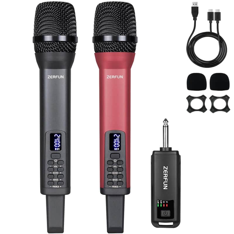 Rechargeable Wireless Microphones Dual, Pro Handheld Cordless Mics System Dynamic With Echo Treble Bass Vol Control For Karaoke Singing Church Party, 1/4'' Output, , Grey&Red image 1