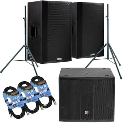 (2) EAW LA151 - 15″ 1500W 2-Way Active Speaker, (2) Speaker Stand, PSG AUDIO Chaos 18, (3) XLR Cables Bundle image 1
