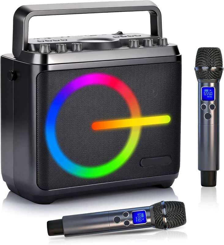 Karaoke Machine, Bluetooth Speaker with 2 Wireless Microphones, Portable Voice Amplifier PA System for Adults Kids with LED Lights Support Bass/Treble Adjustment, TF Card/USB, REC for Home Party image 1