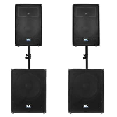 Pair 15" PA SPEAKERS & 18 inch SUBWOOFERS w/ SUB STANDS image 1