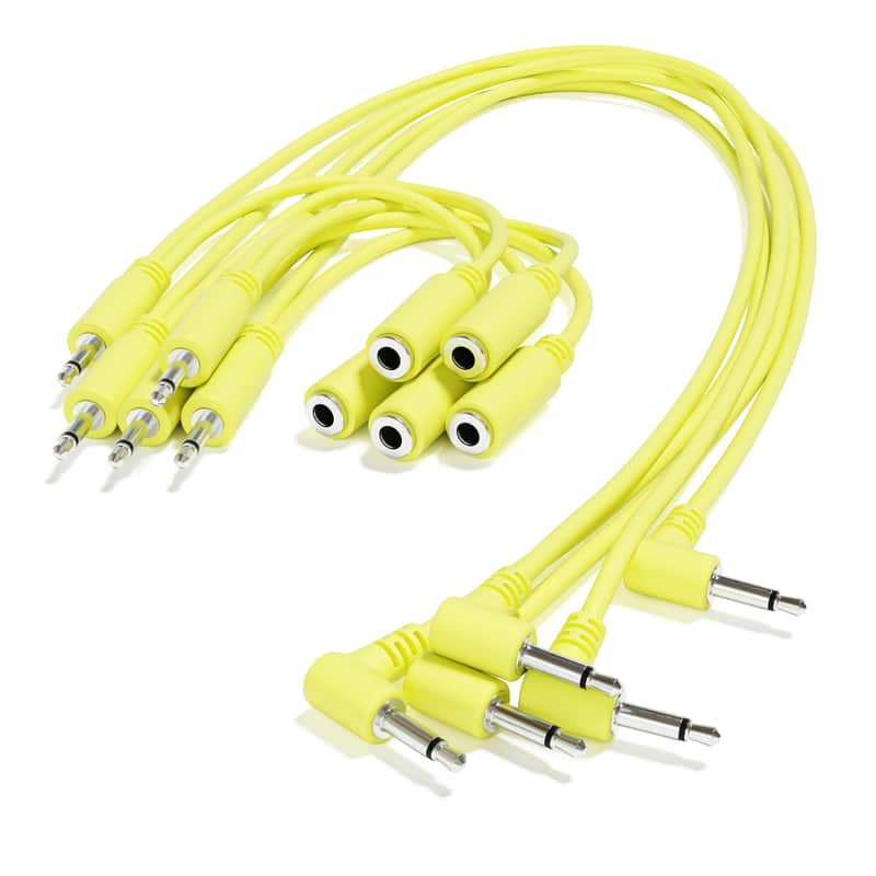 ExcelValley [Yellow | 90 cm - 35.43"] 5-Pack - Right Angle Hopscotch Mono Splitter Y Patch Cables TS 3.5mm 1/8" Eurorack Synth image 1